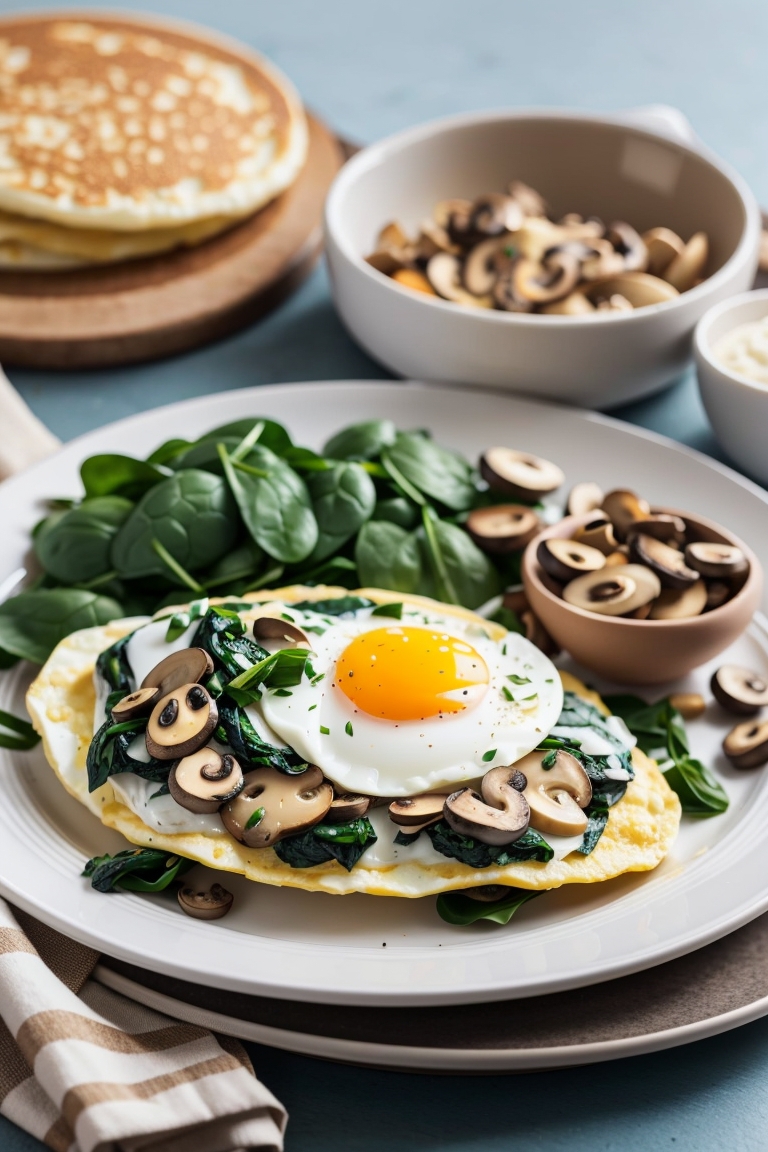 Tortilla de claras de huevo con espinacas y champiñones